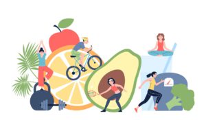 אילוסטרציה של מגוון אלמנטים הקשורים לאורח חיים בריא: אנשים עושים ספורט ומאכלים בריאים (מגוון פירות וירקות)